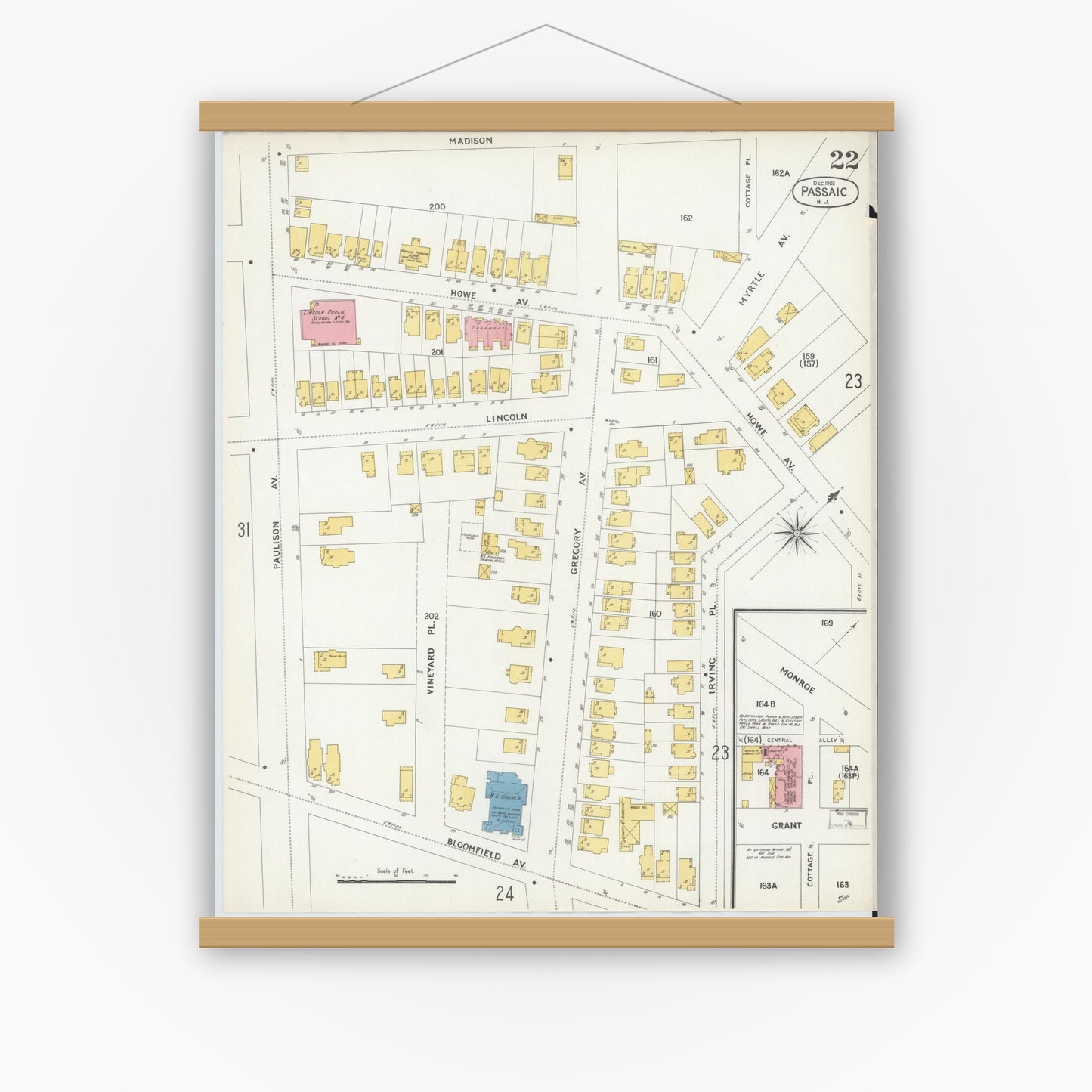 Old map wall art mockup — magnetic wood frame on white wall — Sanborn Fire Insurance Map from Passaic, Passaic County, New Jersey (1903), Sheet #0022