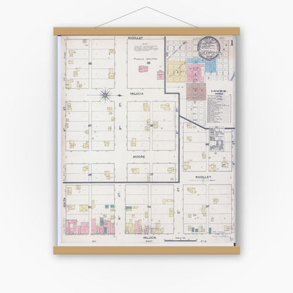 Old map wall art mockup — magnetic wood frame on white wall — Sanborn Fire Insurance Map from Blue Earth, Faribault County, Minnesota (1891) - Complete Map Set