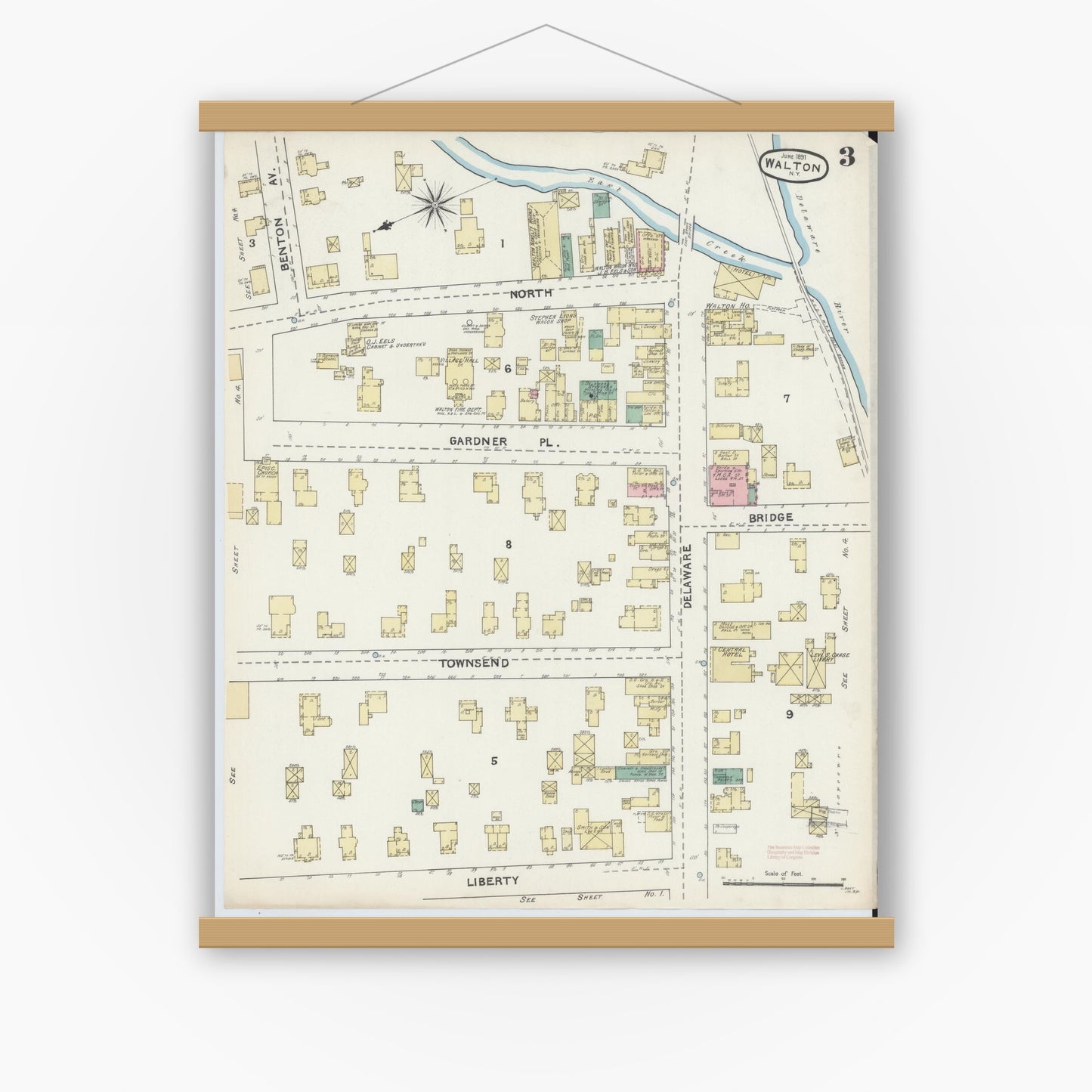 Old map wall art mockup — magnetic wood frame on white wall — Sanborn Fire Insurance Map from Walton, Delaware County, New York (1891), Sheet #0003