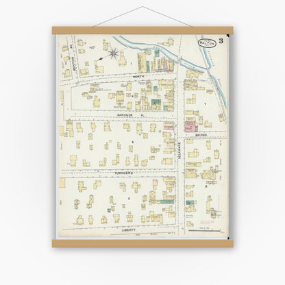 Old map wall art mockup — magnetic wood frame on white wall — Sanborn Fire Insurance Map from Walton, Delaware County, New York (1891), Sheet #0003
