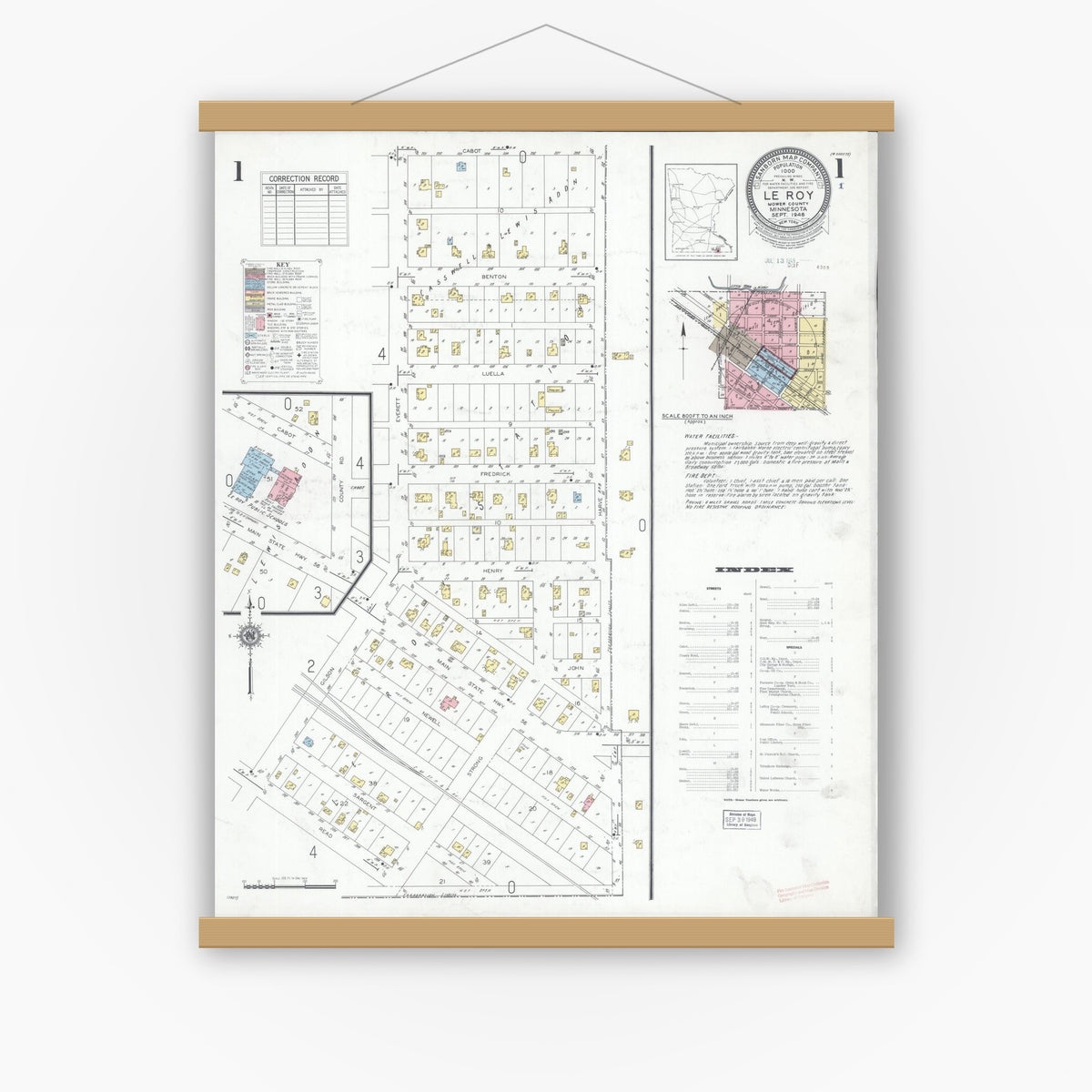 Old map wall art mockup — magnetic wood frame on white wall — Sanborn Fire Insurance Map from Le Roy, Mower County, Minnesota (1948), Sheet #0001