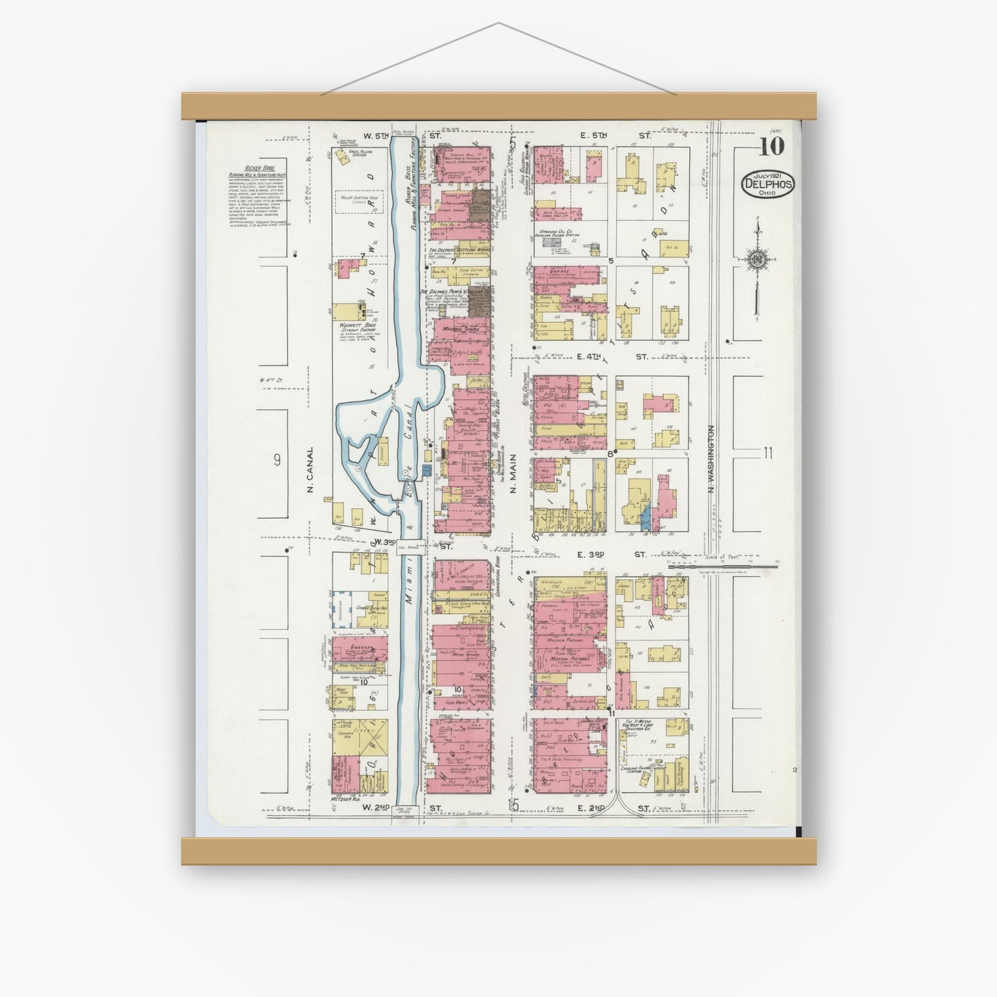 Old map wall art mockup — magnetic wood frame on white wall — Sanborn Fire Insurance Map from Delphos, Van Wert And Allen Counties, Ohio (1921), Sheet #0010