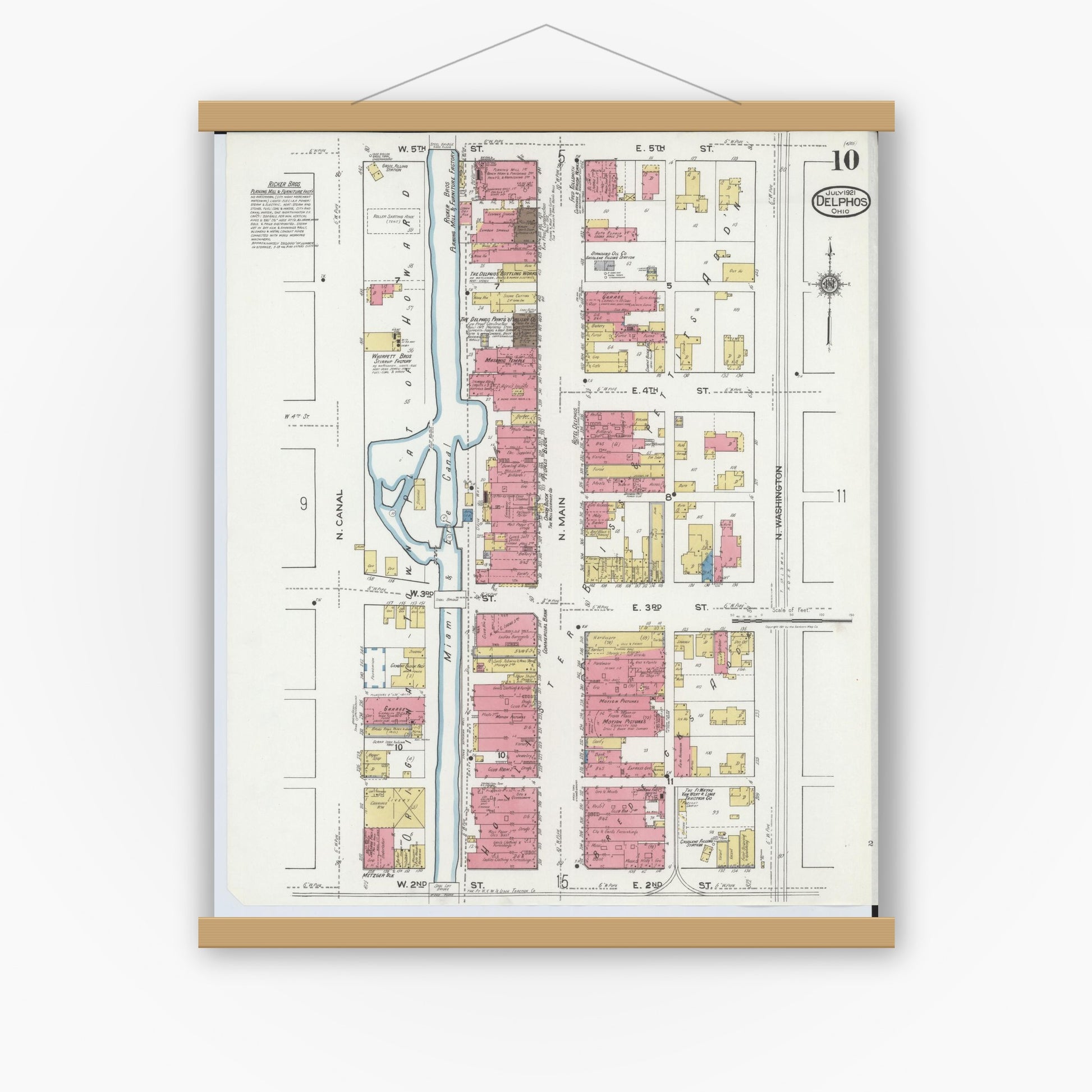 Old map wall art mockup — magnetic wood frame on white wall — Sanborn Fire Insurance Map from Delphos, Van Wert And Allen Counties, Ohio (1921), Sheet #0010