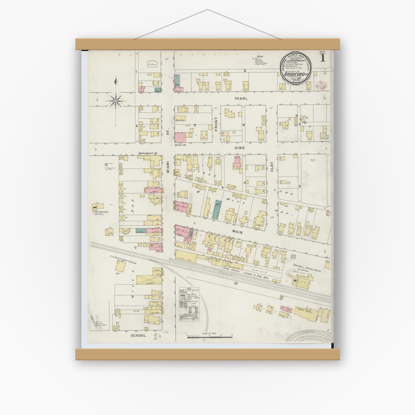 Old map wall art mockup — magnetic wood frame on white wall — Sanborn Fire Insurance Map from Bradford, Darke and Miami Counties, Ohio (1895), Sheet #0001