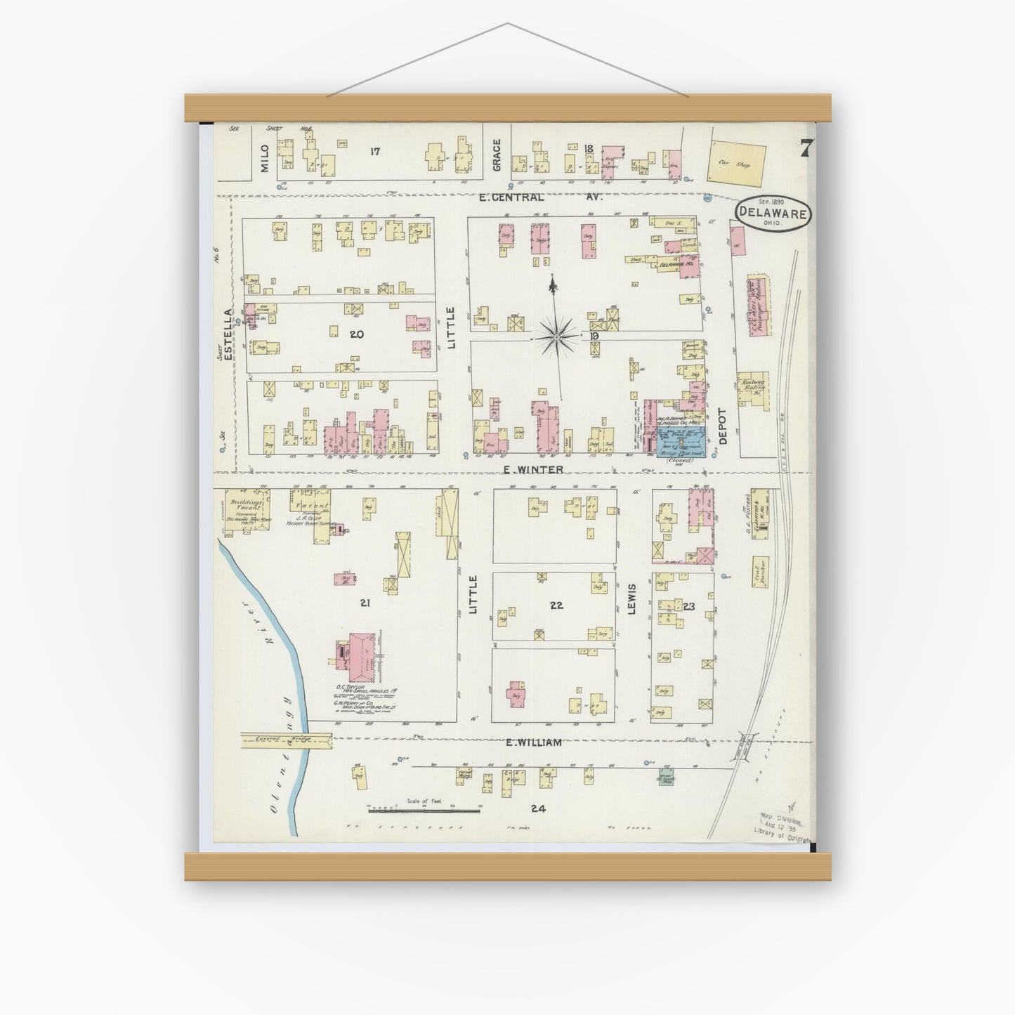 Old map wall art mockup — magnetic wood frame on white wall — Sanborn Fire Insurance Map from Delaware, Delaware County, Ohio (1890), Sheet #0007
