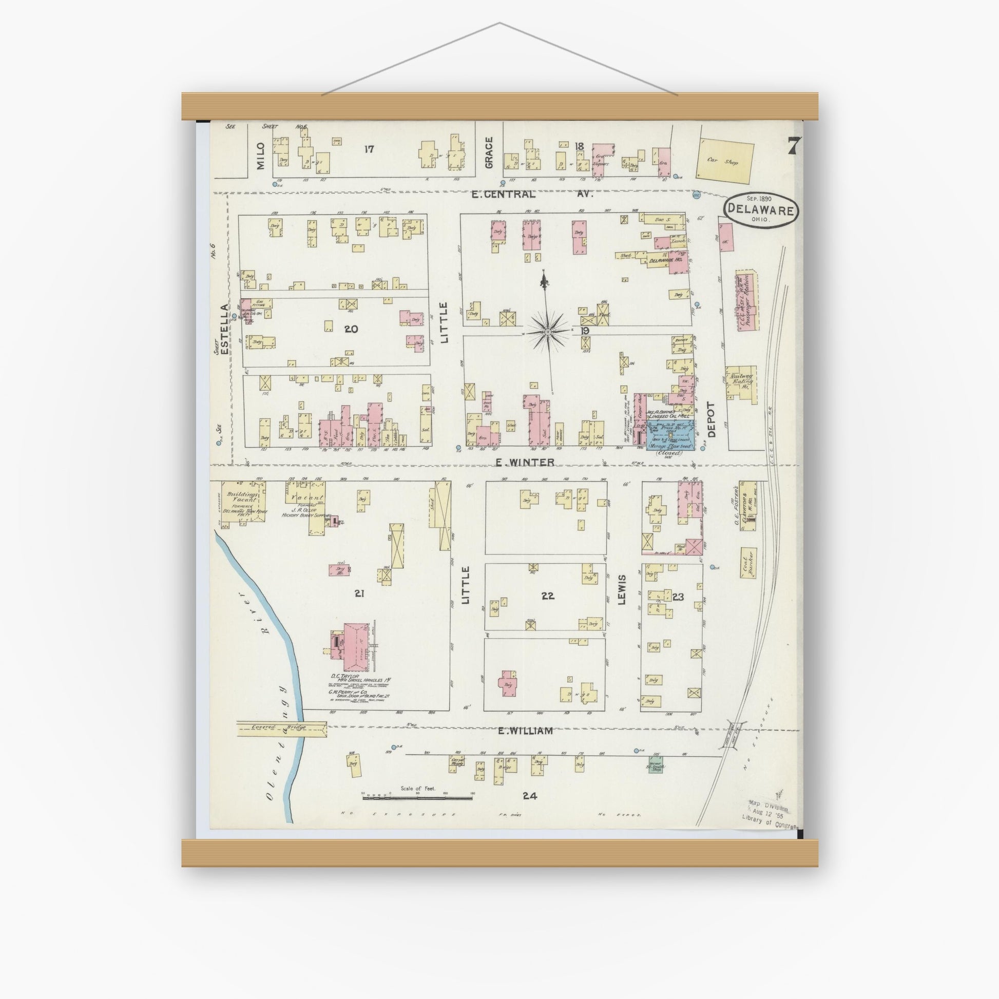 Old map wall art mockup — magnetic wood frame on white wall — Sanborn Fire Insurance Map from Delaware, Delaware County, Ohio (1890), Sheet #0007