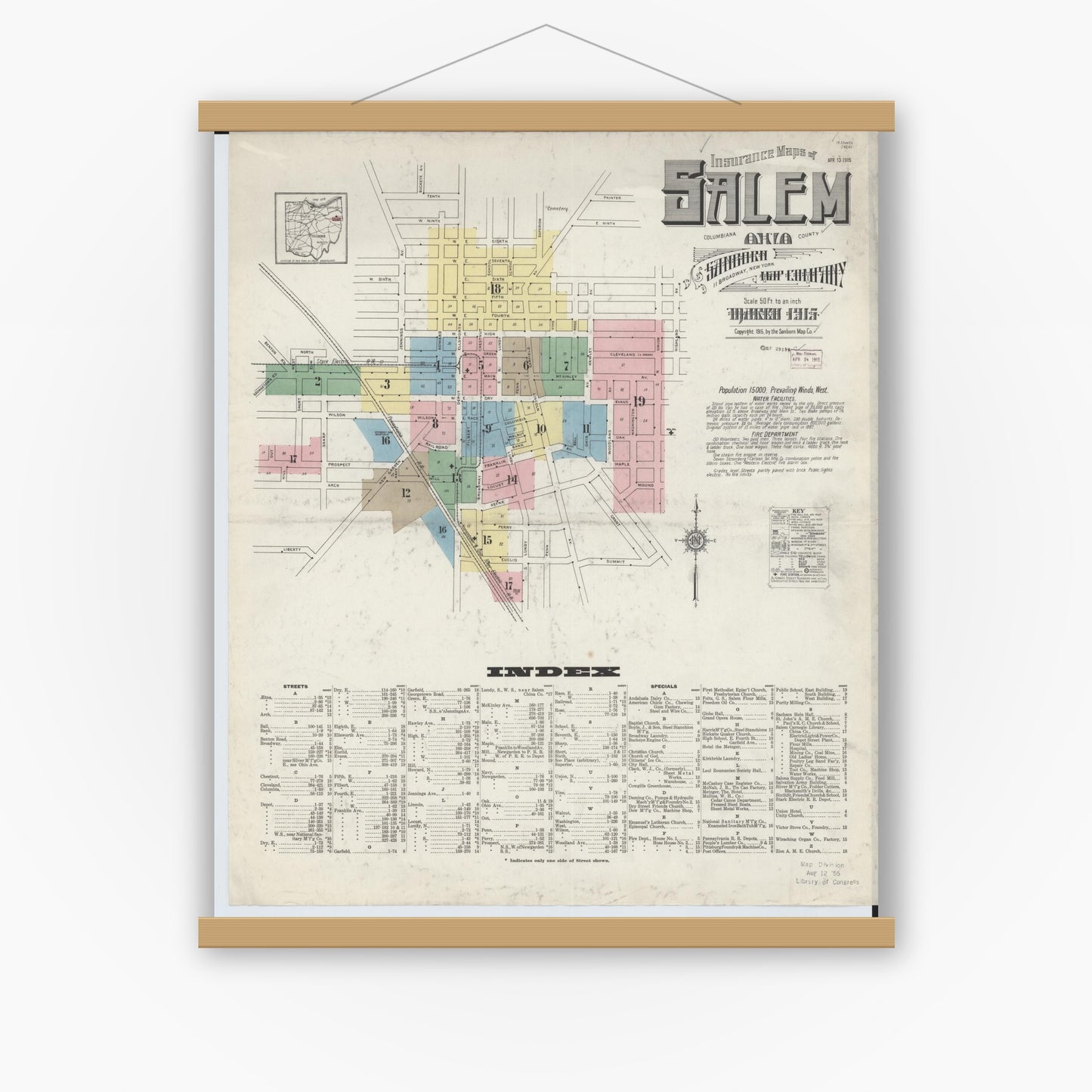 Old map wall art mockup — magnetic wood frame on white wall — Sanborn Fire Insurance Map from Salem, Columbiana County, Ohio (1915), Sheet #0001