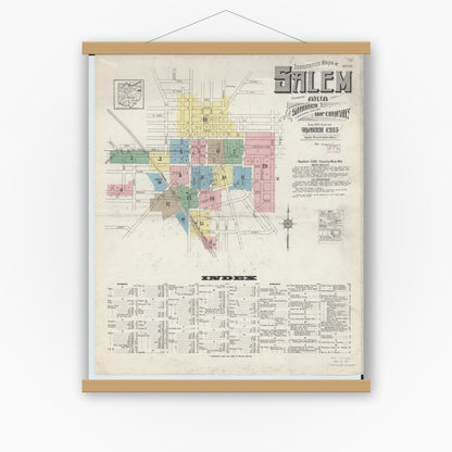 Old map wall art mockup — magnetic wood frame on white wall — Sanborn Fire Insurance Map from Salem, Columbiana County, Ohio (1915), Sheet #0001