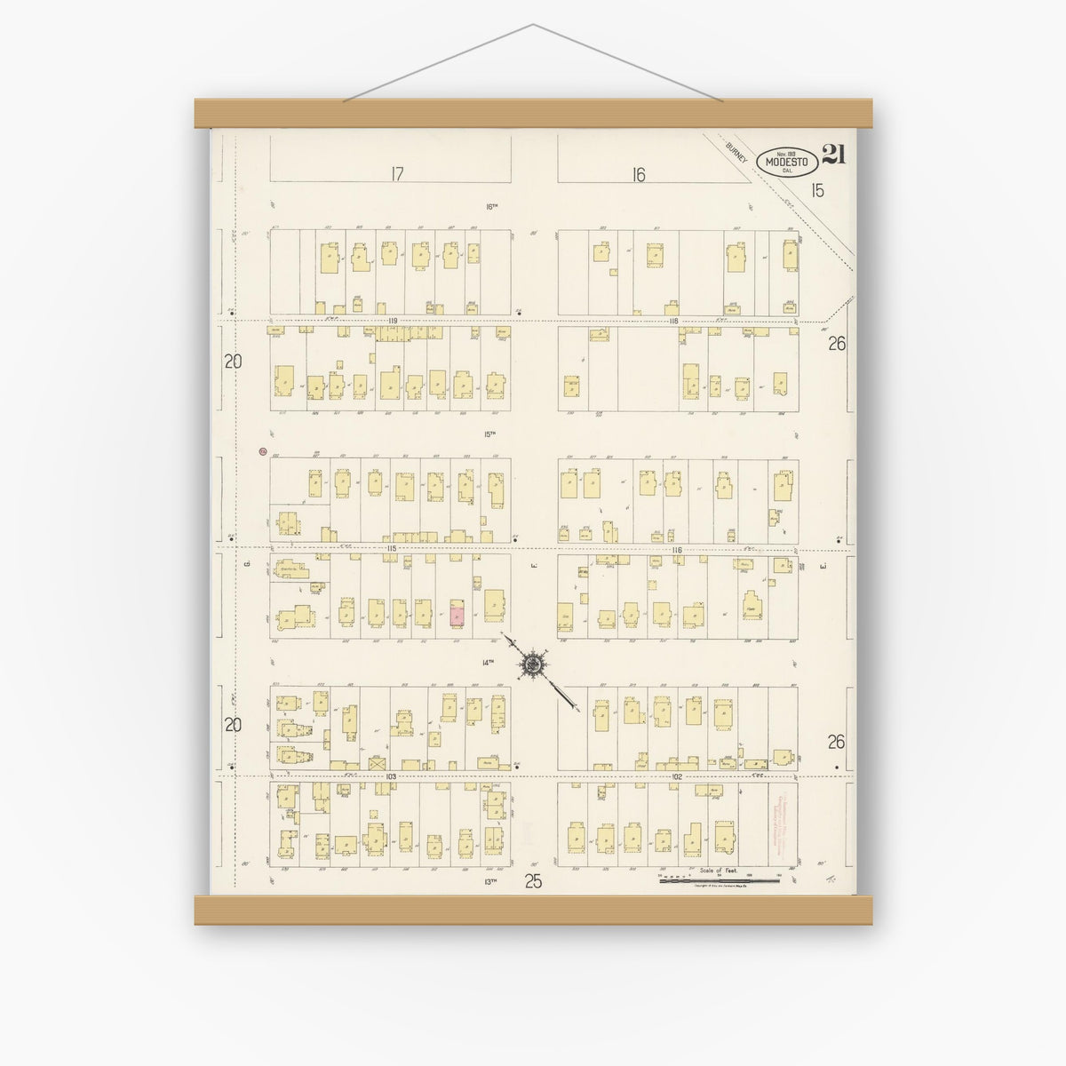 Old map wall art mockup — magnetic wood frame on white wall — Sanborn Fire Insurance Map from Modesto, Stanislaus County, California (1919), Sheet #0021