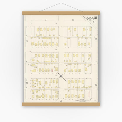 Old map wall art mockup — magnetic wood frame on white wall — Sanborn Fire Insurance Map from Modesto, Stanislaus County, California (1919), Sheet #0021