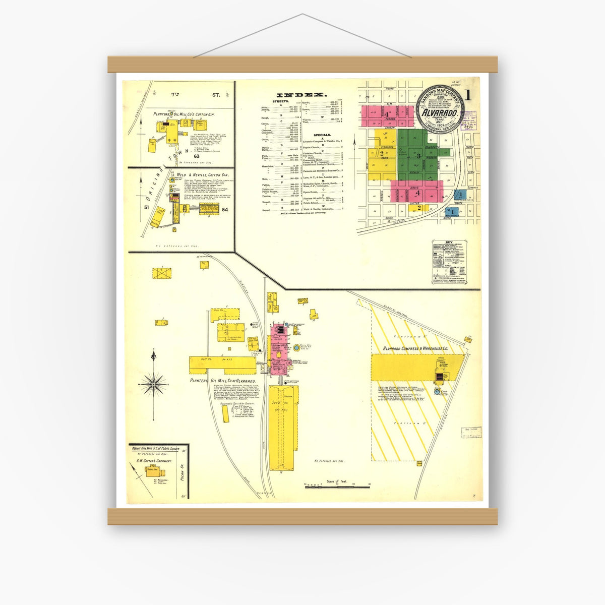 Old map wall art mockup — magnetic wood frame on white wall — Sanborn Fire Insurance Map from Alvarado, Johnson County, Texas (1902), Sheet #0001