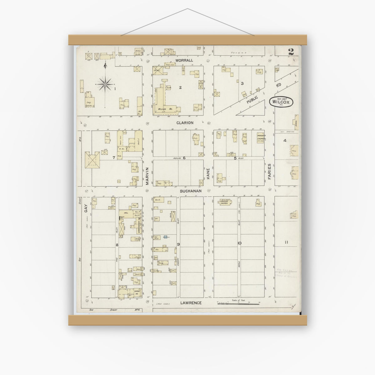 Old map wall art mockup — magnetic wood frame on white wall — Sanborn Fire Insurance Map from Wilcox, Elk County, Pennsylvania (1887), Sheet #0002