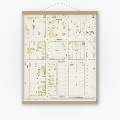 Old map wall art mockup — magnetic wood frame on white wall — Sanborn Fire Insurance Map from Wilcox, Elk County, Pennsylvania (1887), Sheet #0002