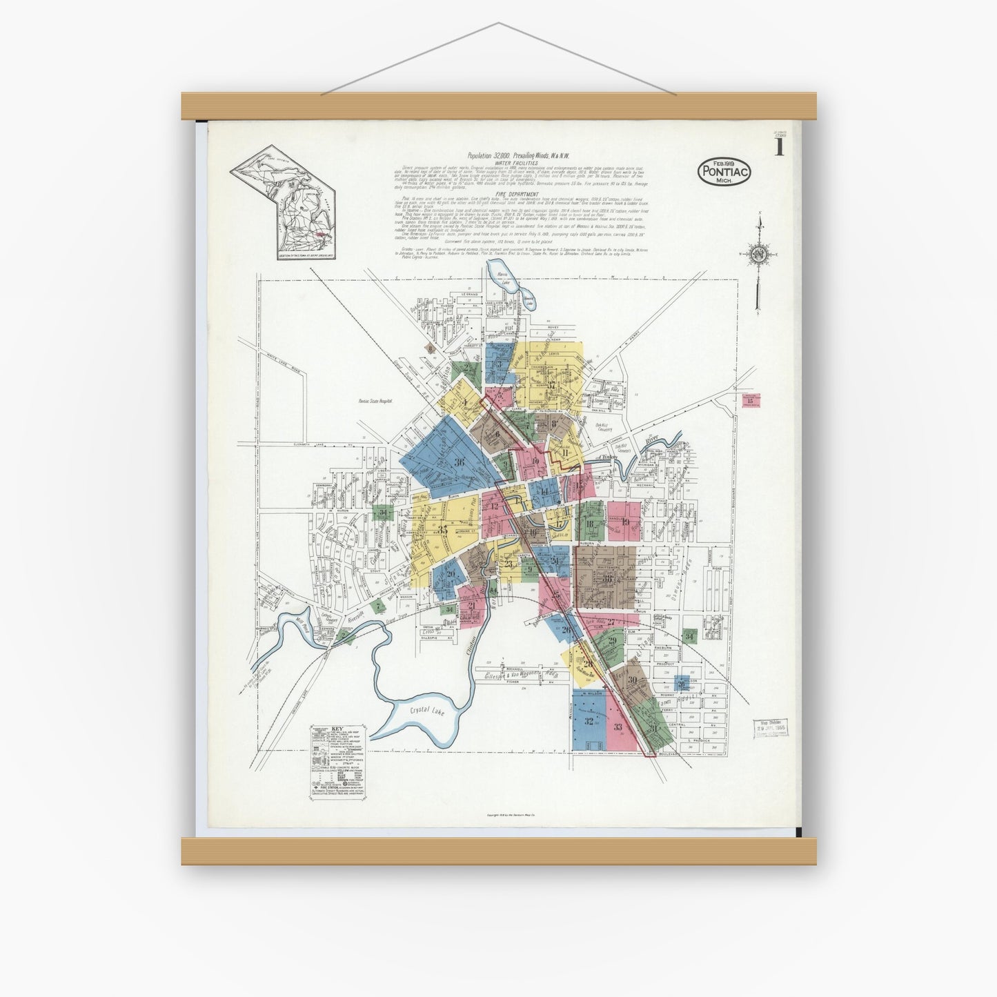 Old map wall art mockup — magnetic wood frame on white wall — Sanborn Fire Insurance Map from Pontiac, Oakland County, Michigan (1919) - Complete Map Set