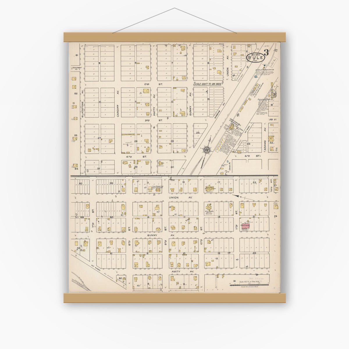 Old map wall art mockup — magnetic wood frame on white wall — Sanborn Fire Insurance Map from Rule, Haskell County, Texas (1922), Sheet #0003