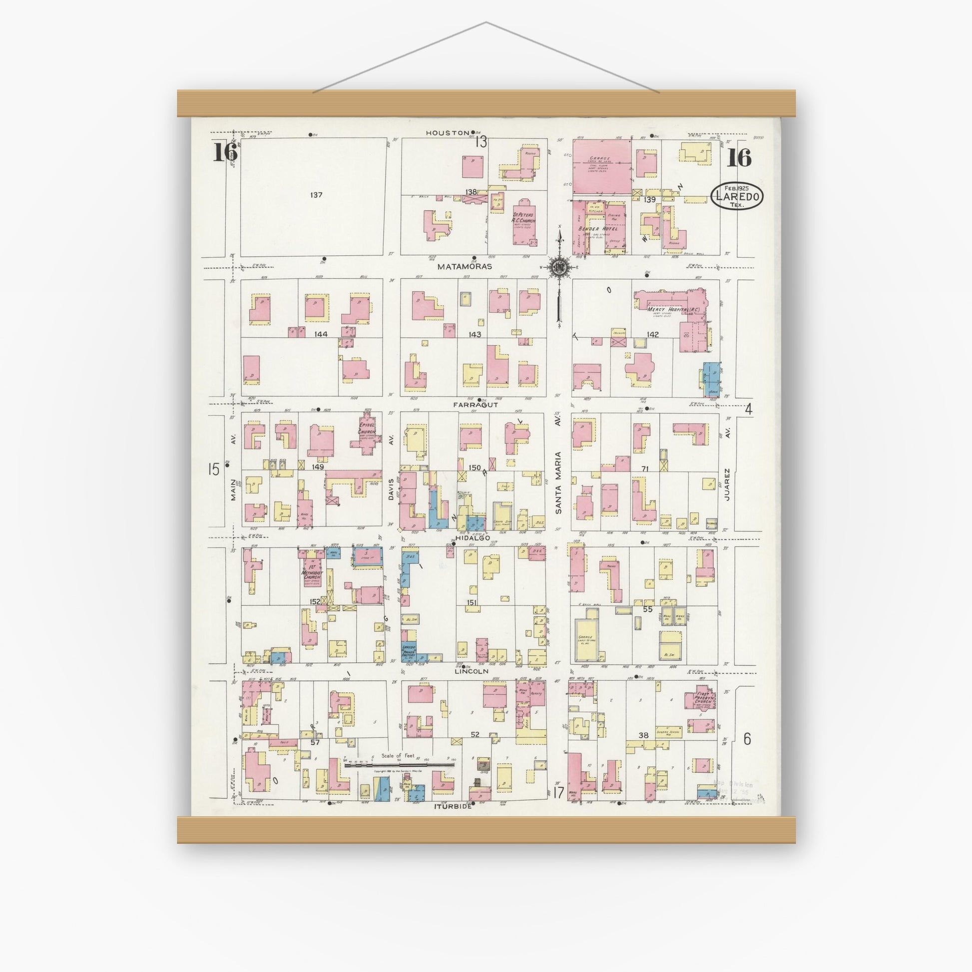 Old map wall art mockup — magnetic wood frame on white wall — Sanborn Fire Insurance Map from Laredo, Webb County, Texas (1925), Sheet #0016