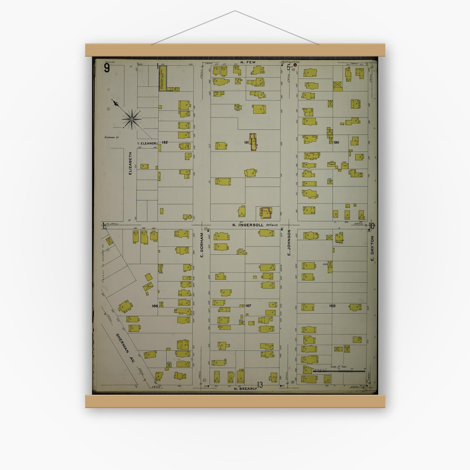 Old map wall art mockup — magnetic wood frame on white wall — Sanborn Fire Insurance Map from Madison, Dane County, Wisconsin (1908), Sheet #0009