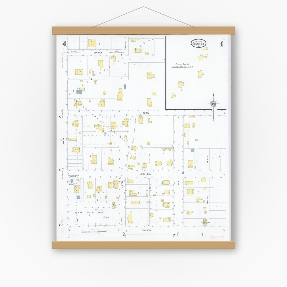Old map wall art mockup — magnetic wood frame on white wall — Sanborn Fire Insurance Map from Granby, Newton County, Missouri (1930), Sheet #0004