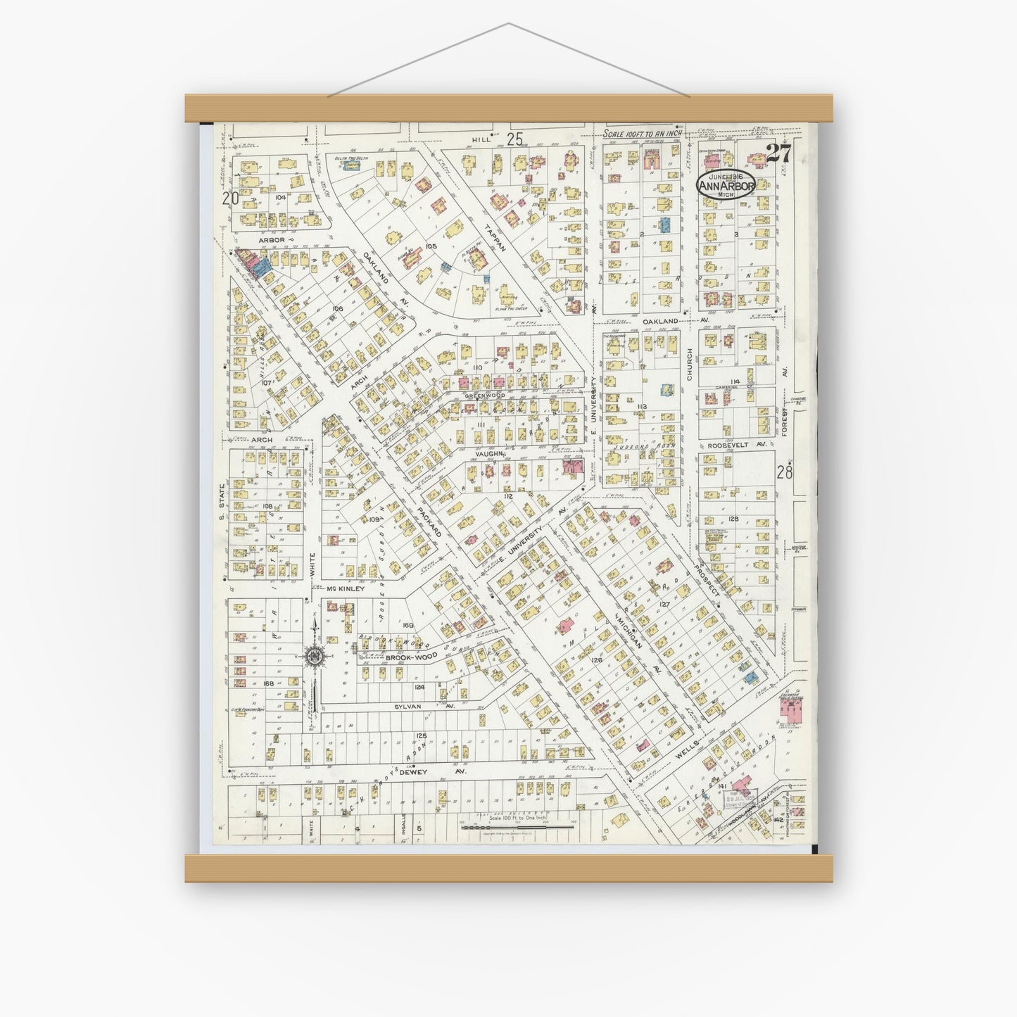 Old map wall art mockup — magnetic wood frame on white wall — Sanborn Fire Insurance Map from Ann Arbor, Washtenaw County, Michigan (1916), Sheet #0027