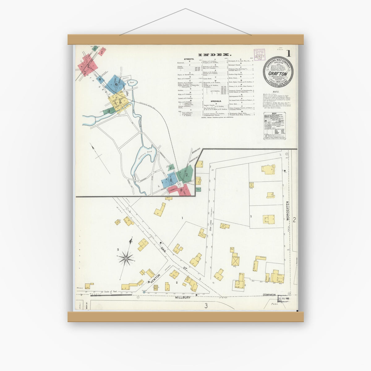 Old map wall art mockup — magnetic wood frame on white wall — Sanborn Fire Insurance Map from Grafton, Worcester County, Massachusetts (1904) - Complete Map Set