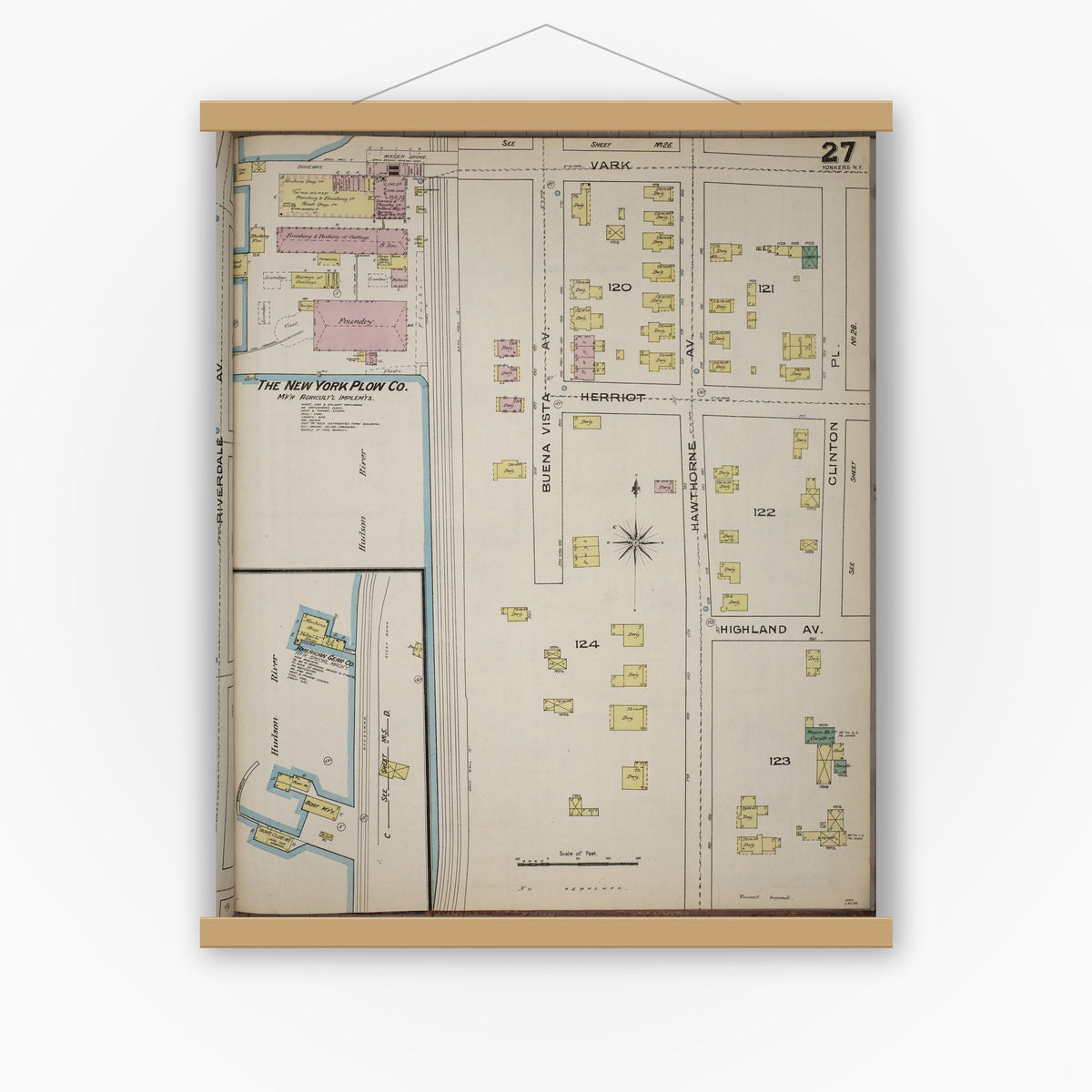 Old map wall art mockup — magnetic wood frame on white wall — Sanborn Fire Insurance Map from Yonkers, Westchester County, New York (1886), Sheet #0027
