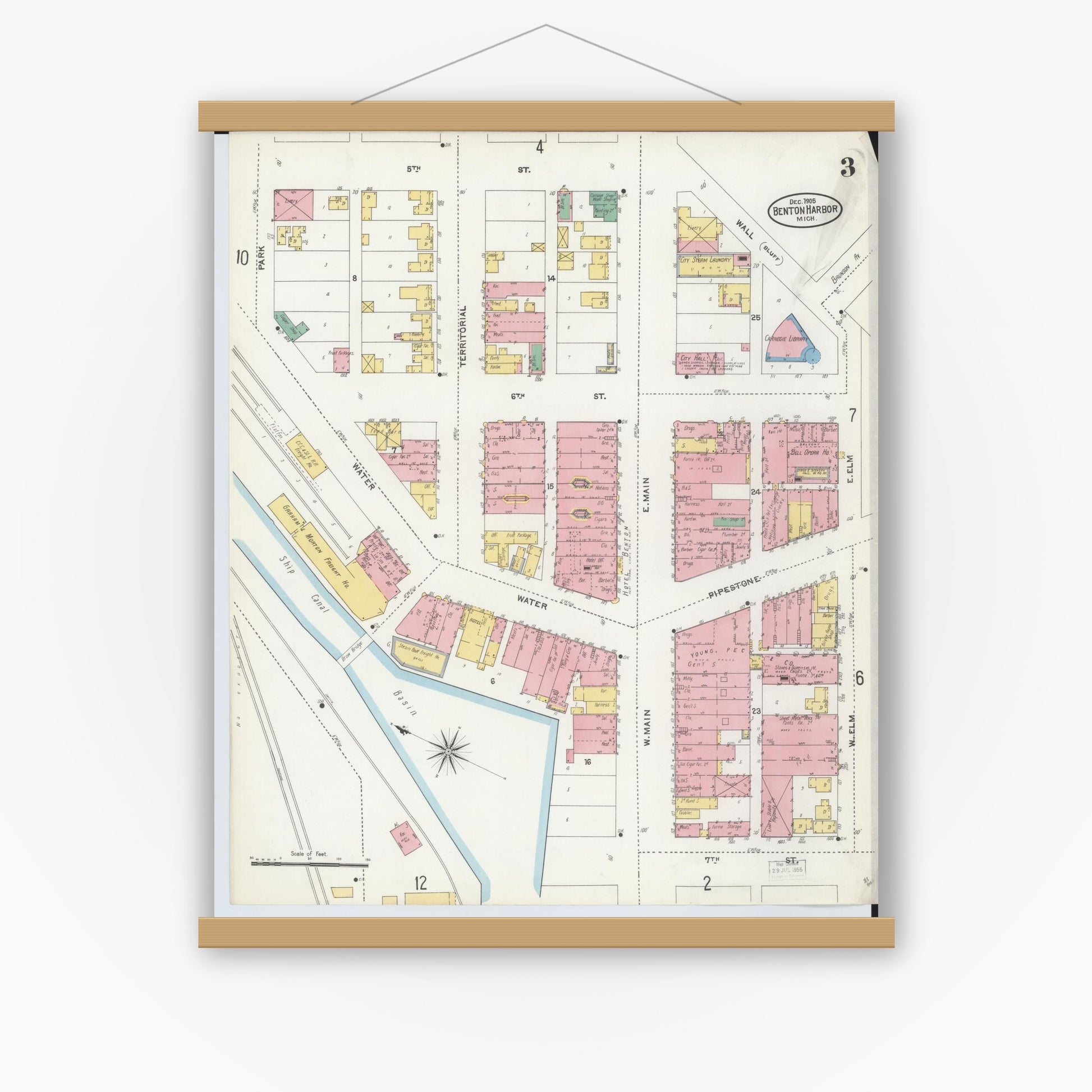 Old map wall art mockup — magnetic wood frame on white wall — Sanborn Fire Insurance Map from Benton Harbor, Berrien County, Michigan (1905), Sheet #0003