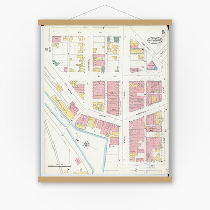 Old map wall art mockup — magnetic wood frame on white wall — Sanborn Fire Insurance Map from Benton Harbor, Berrien County, Michigan (1905), Sheet #0003