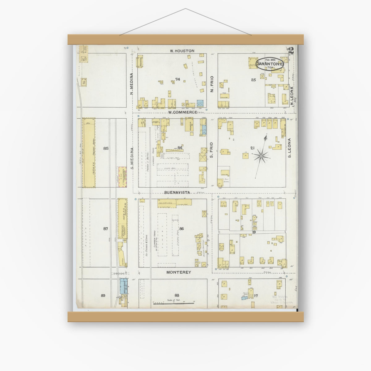 Old map wall art mockup — magnetic wood frame on white wall — Sanborn Fire Insurance Map from San Antonio, Bexar County, Texas (1892), Sheet #0002