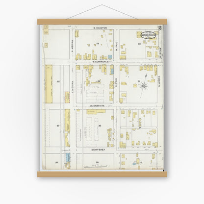 Old map wall art mockup — magnetic wood frame on white wall — Sanborn Fire Insurance Map from San Antonio, Bexar County, Texas (1892), Sheet #0002