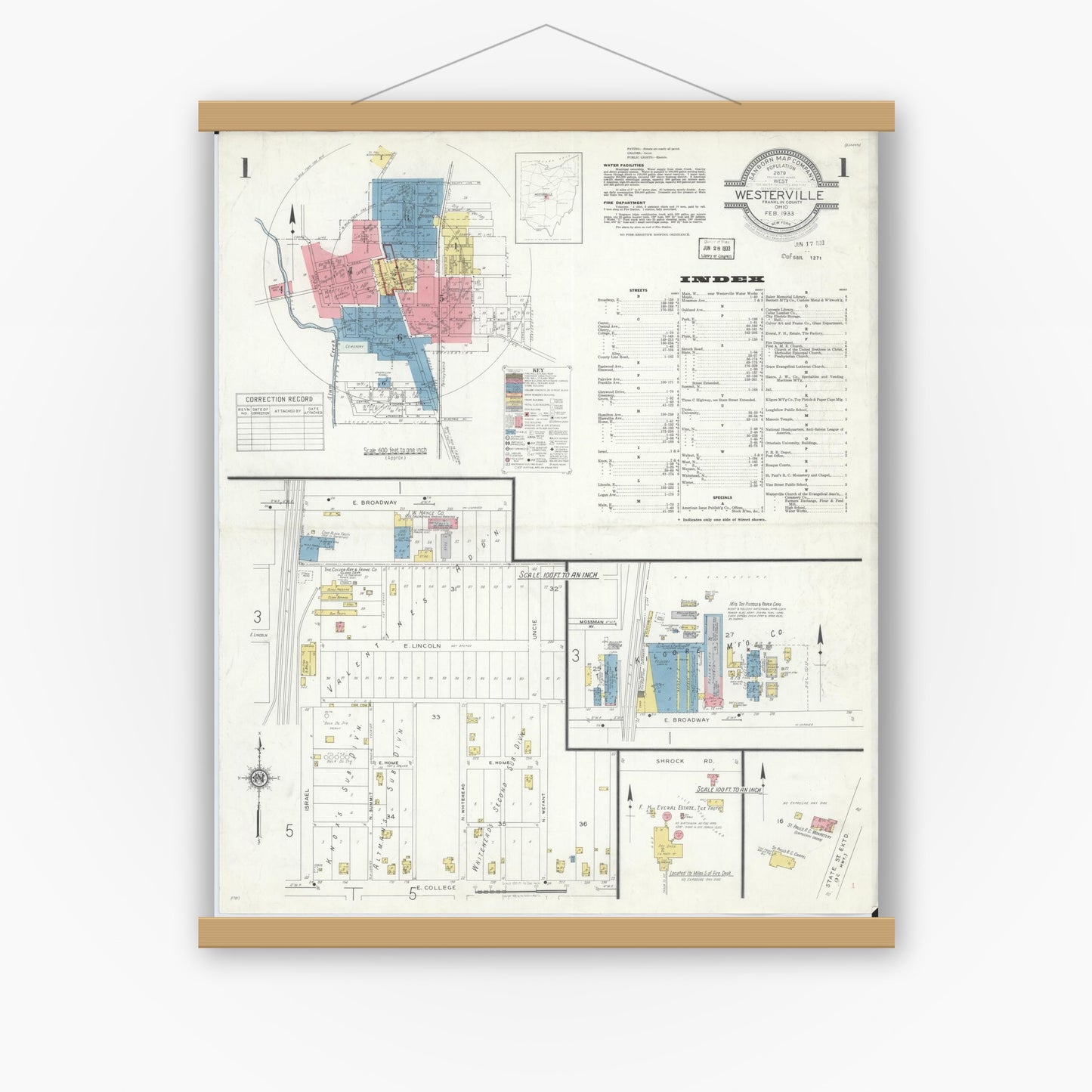 Old map wall art mockup — magnetic wood frame on white wall — Sanborn Fire Insurance Map from Westerville, Franklin County, Ohio (1933), Sheet #0001