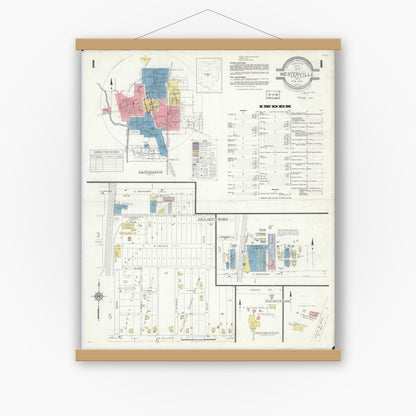 Old map wall art mockup — magnetic wood frame on white wall — Sanborn Fire Insurance Map from Westerville, Franklin County, Ohio (1933), Sheet #0001