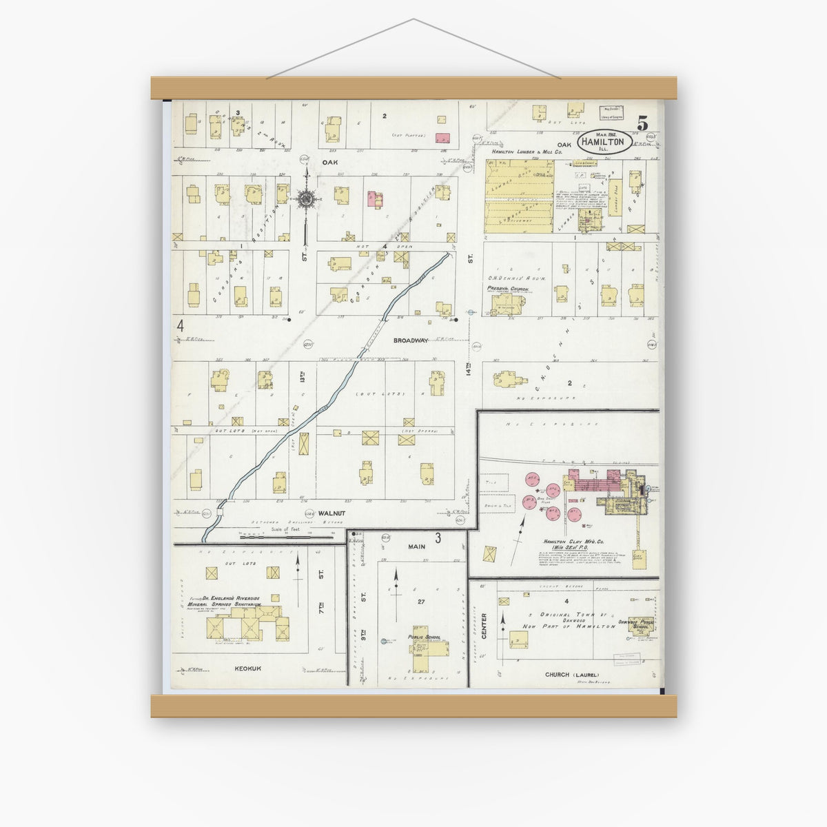 Old map wall art mockup — magnetic wood frame on white wall — Sanborn Fire Insurance Map from Hamilton, Hancock County, Illinois (1912), Sheet #0005