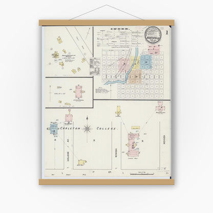 Old map wall art mockup — magnetic wood frame on white wall — Sanborn Fire Insurance Map from Northfield, Rice County, Minnesota (1889) - Complete Map Set