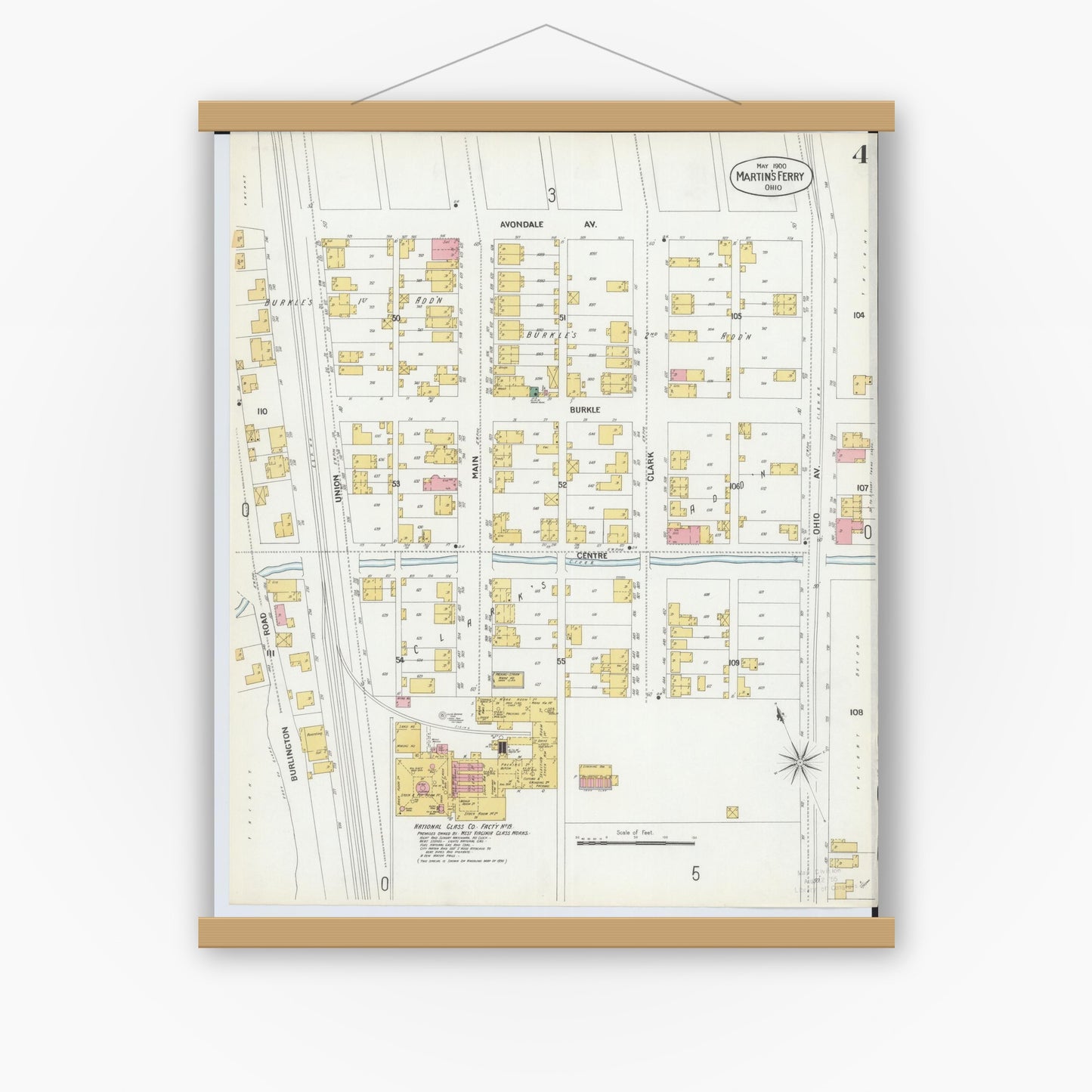 Old map wall art mockup — magnetic wood frame on white wall — Sanborn Fire Insurance Map from Martins Ferry, Belmont County, Ohio (1900), Sheet #0004