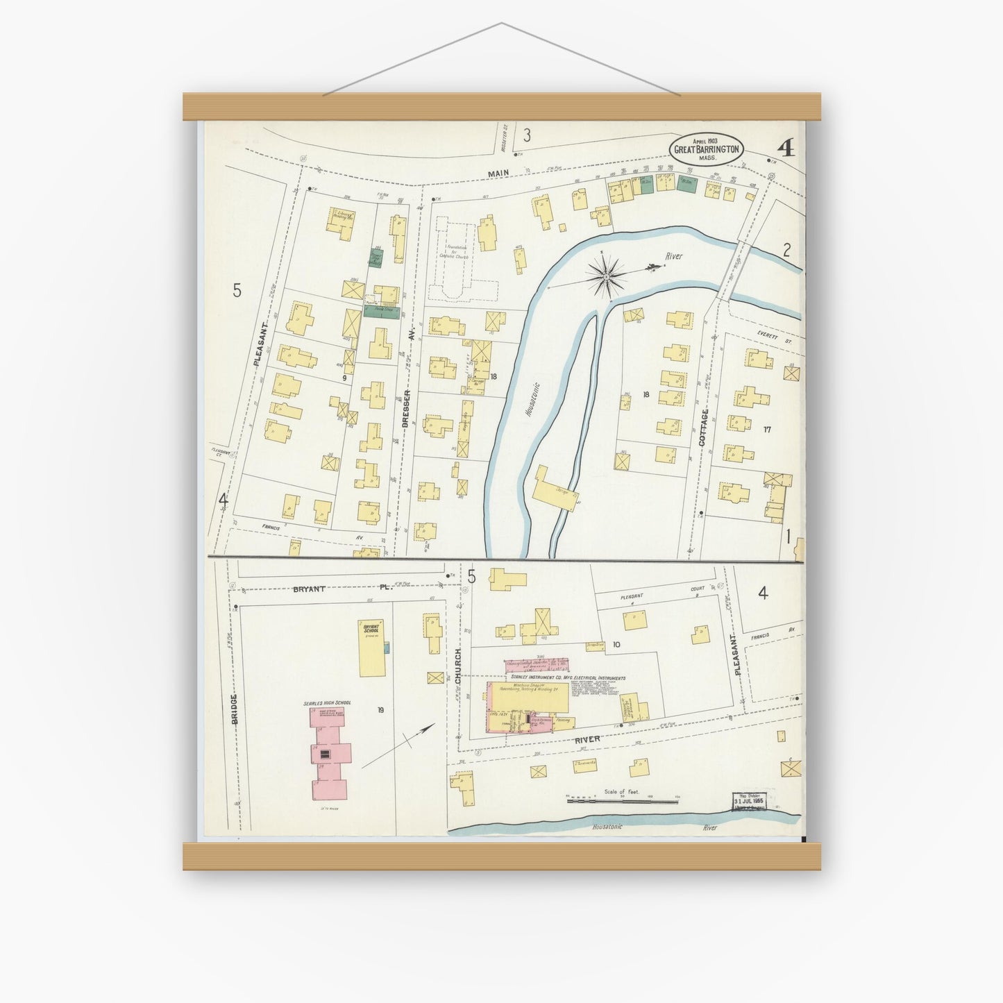 Old map wall art mockup — magnetic wood frame on white wall — Sanborn Fire Insurance Map from Great Barrington, Berkshire County, Massachusetts (1903), Sheet #0004