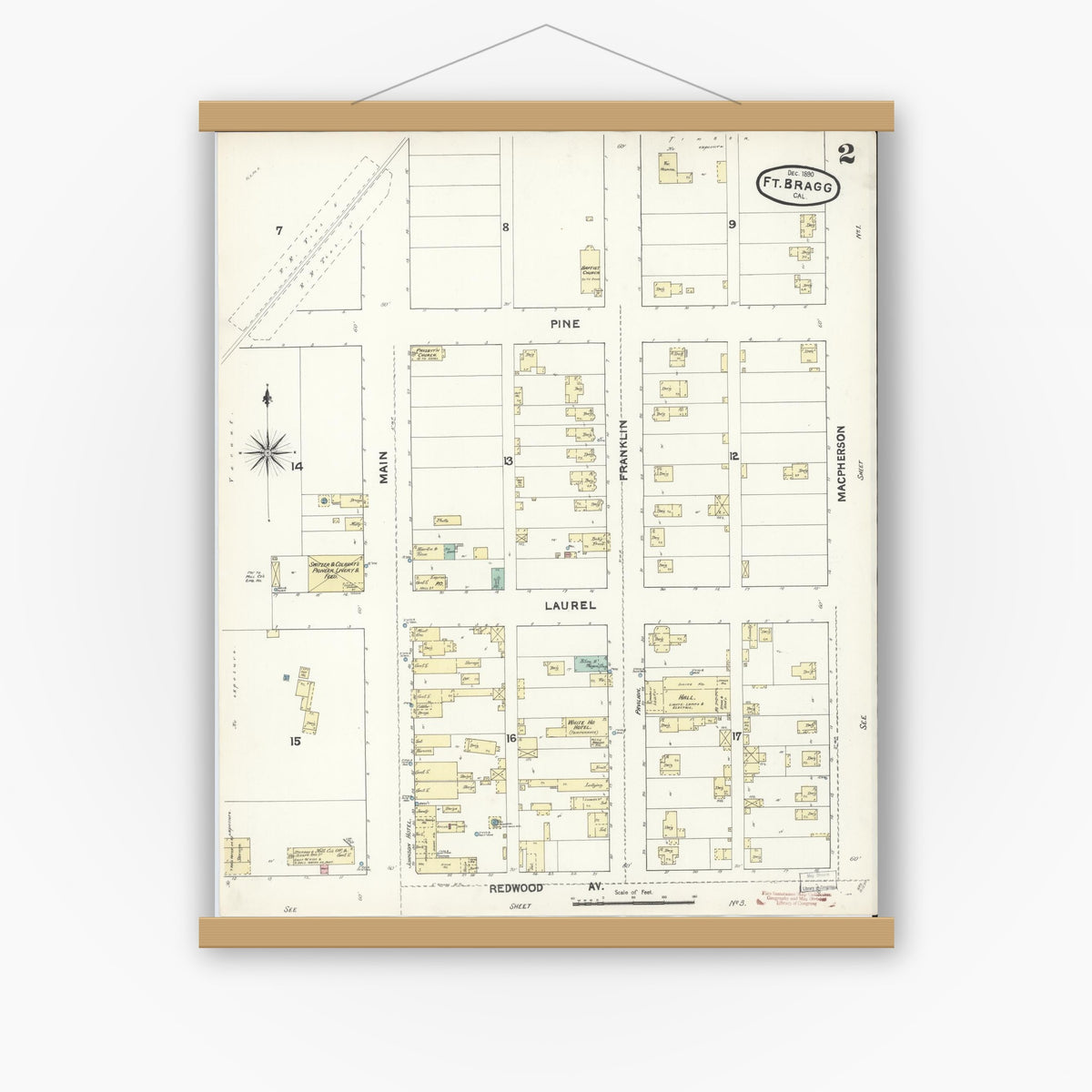 Old map wall art mockup — magnetic wood frame on white wall — Sanborn Fire Insurance Map from Fort Bragg, Mendocino County, California (1890), Sheet #0002
