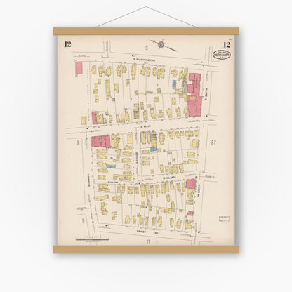 Old map wall art mockup — magnetic wood frame on white wall — Sanborn Fire Insurance Map from Herkimer, Herkimer County, New York (1923), Sheet #0012