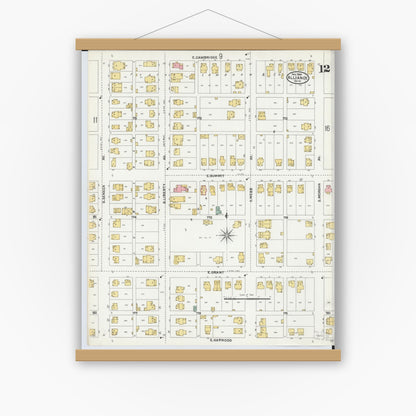 Old map wall art mockup — magnetic wood frame on white wall — Sanborn Fire Insurance Map from Alliance, Stark County, Ohio (1904), Sheet #0012