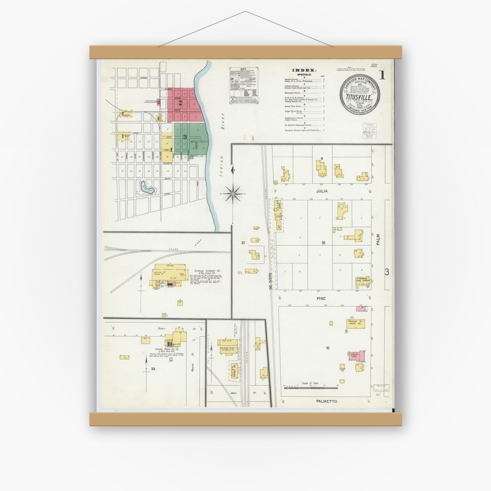 Old map wall art mockup — magnetic wood frame on white wall — Sanborn Fire Insurance Map from Titusville, Brevard County, Florida (1903) - Complete Map Set