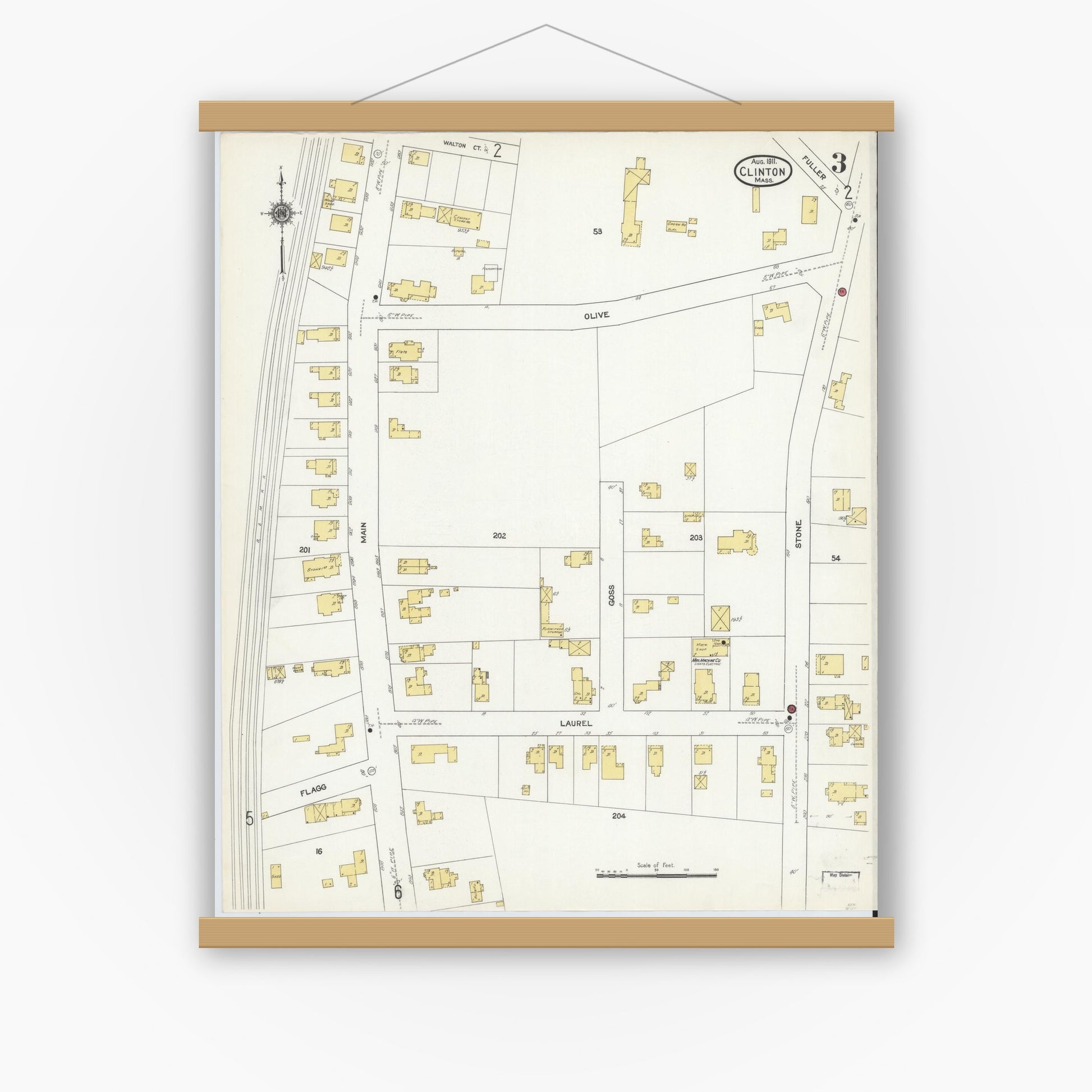 Old map wall art mockup — magnetic wood frame on white wall — Sanborn Fire Insurance Map from Clinton, Worcester County, Massachusetts (1911), Sheet #0003