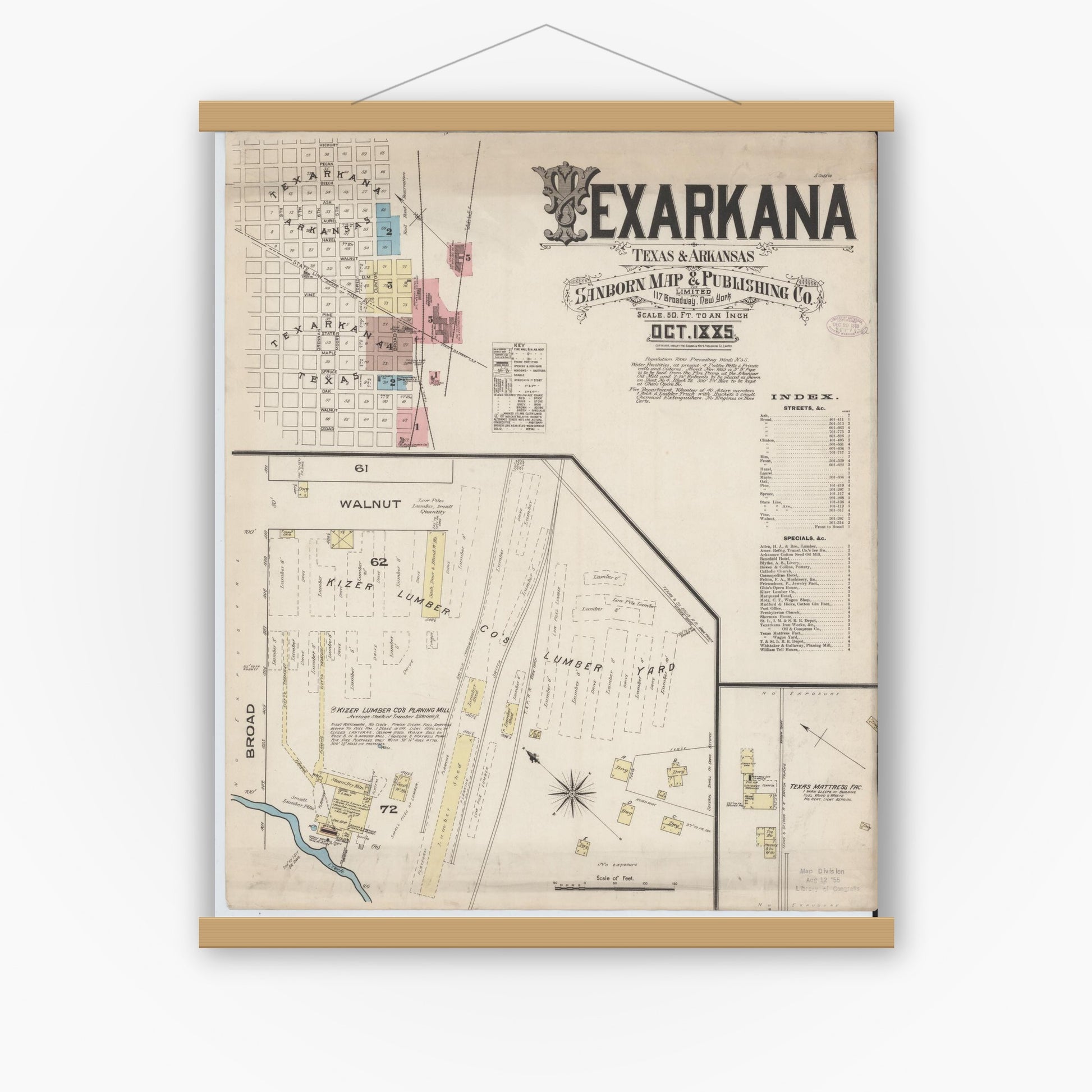 Old map wall art mockup — magnetic wood frame on white wall — Sanborn Fire Insurance Map from Texarkana, Bowie County, Texas (1885), Sheet #0001