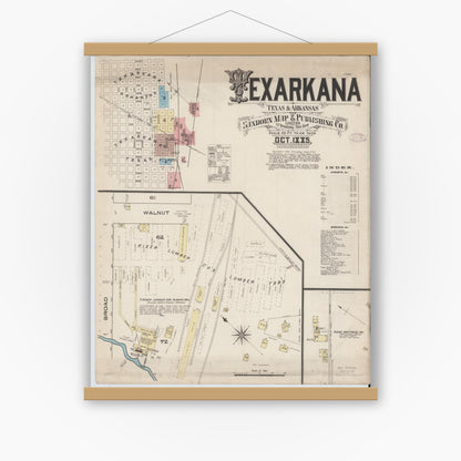 Old map wall art mockup — magnetic wood frame on white wall — Sanborn Fire Insurance Map from Texarkana, Bowie County, Texas (1885), Sheet #0001