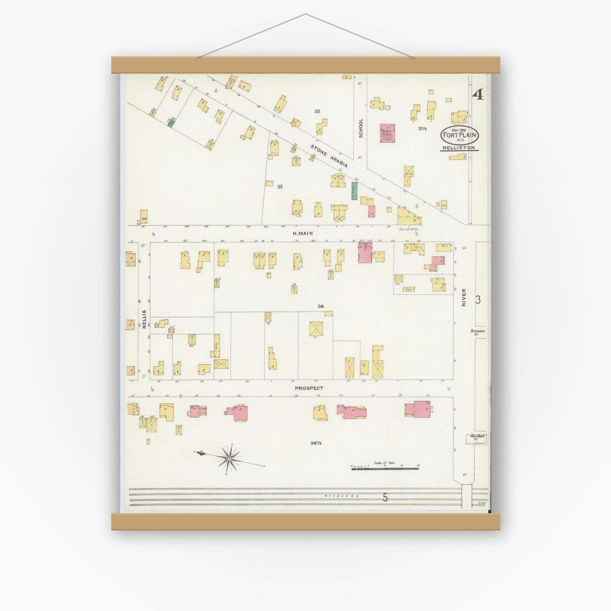 Old map wall art mockup — magnetic wood frame on white wall — Sanborn Fire Insurance Map from Fort Plain, Montgomery County, New York (1906), Sheet #0004