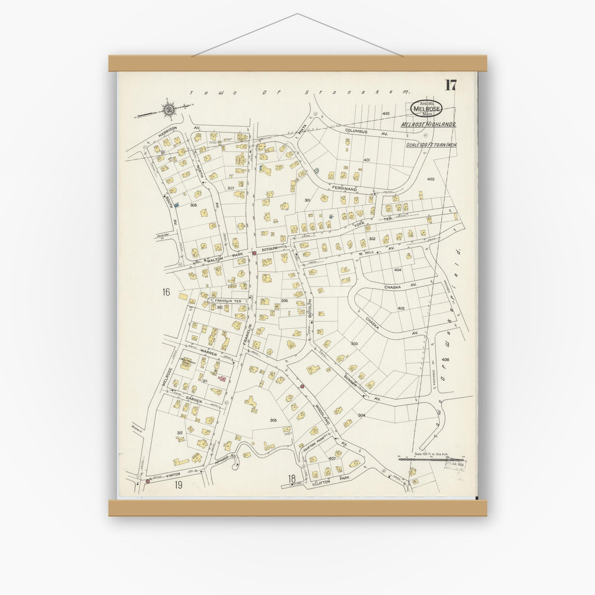 Old map wall art mockup — magnetic wood frame on white wall — Sanborn Fire Insurance Map from Melrose, Middlesex County, Massachusetts (1915), Sheet #0017