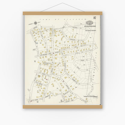 Old map wall art mockup — magnetic wood frame on white wall — Sanborn Fire Insurance Map from Melrose, Middlesex County, Massachusetts (1915), Sheet #0017