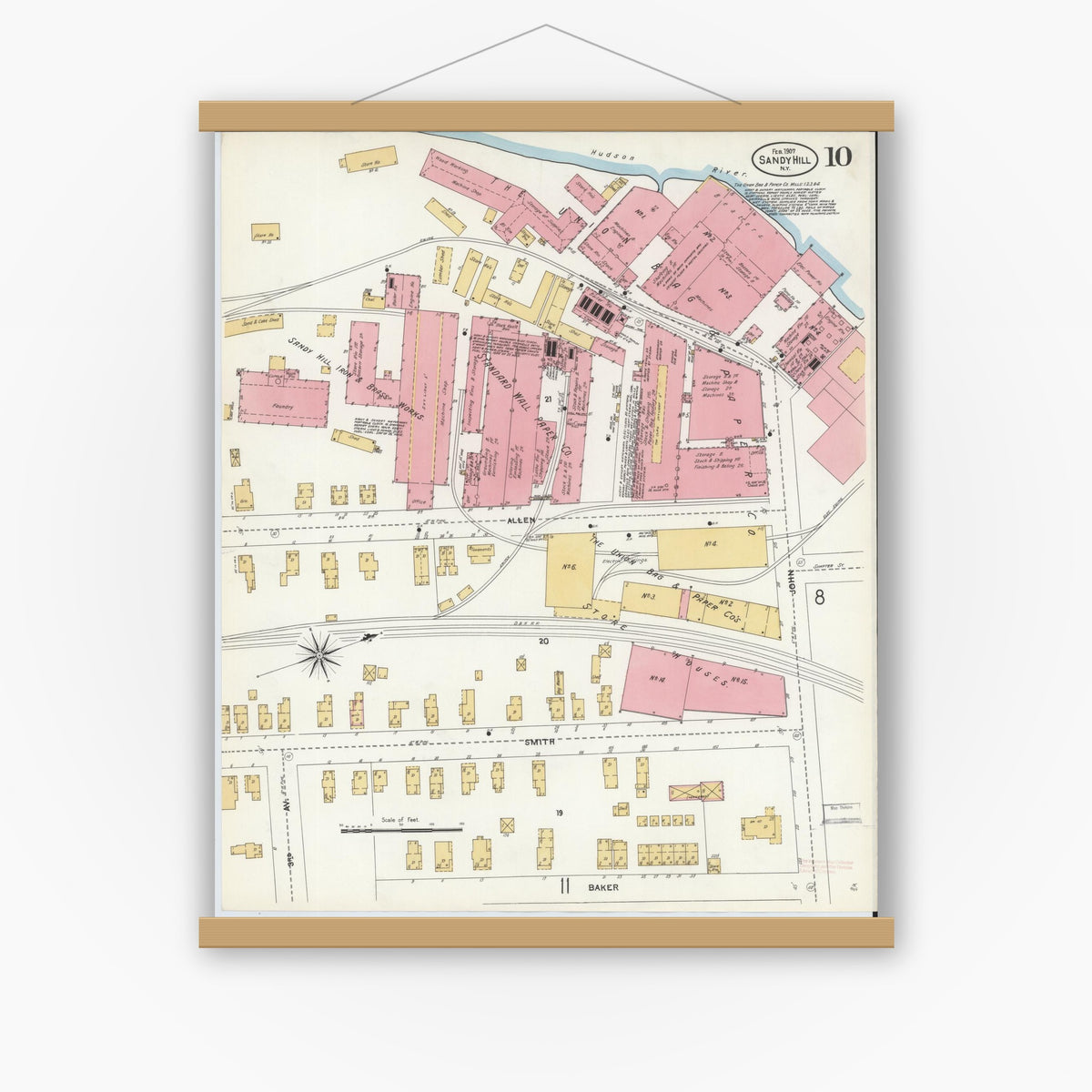 Old map wall art mockup — magnetic wood frame on white wall — Sanborn Fire Insurance Map from Sandy Hill, Washington County, New York (1907), Sheet #0010