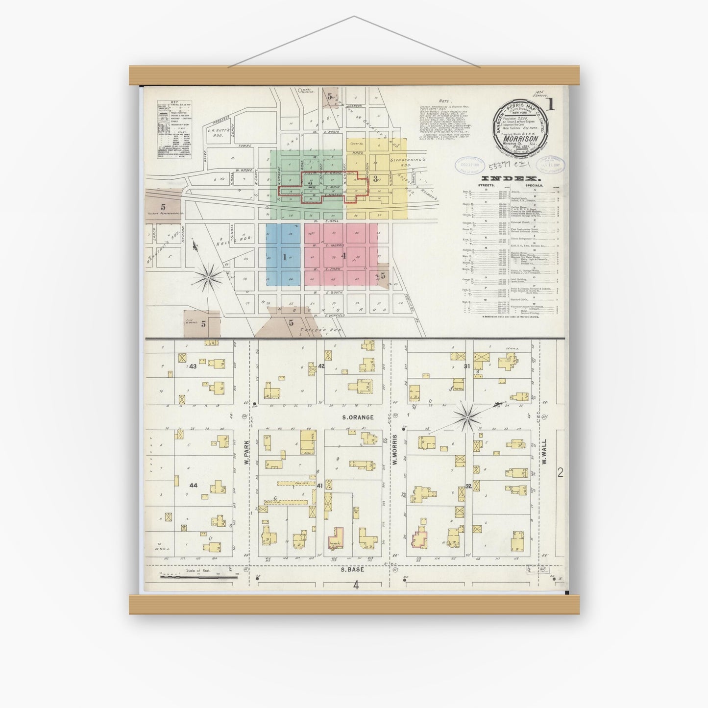 Old map wall art mockup — magnetic wood frame on white wall — Sanborn Fire Insurance Map from Morrison, Whiteside County, Illinois (1897) - Complete Map Set