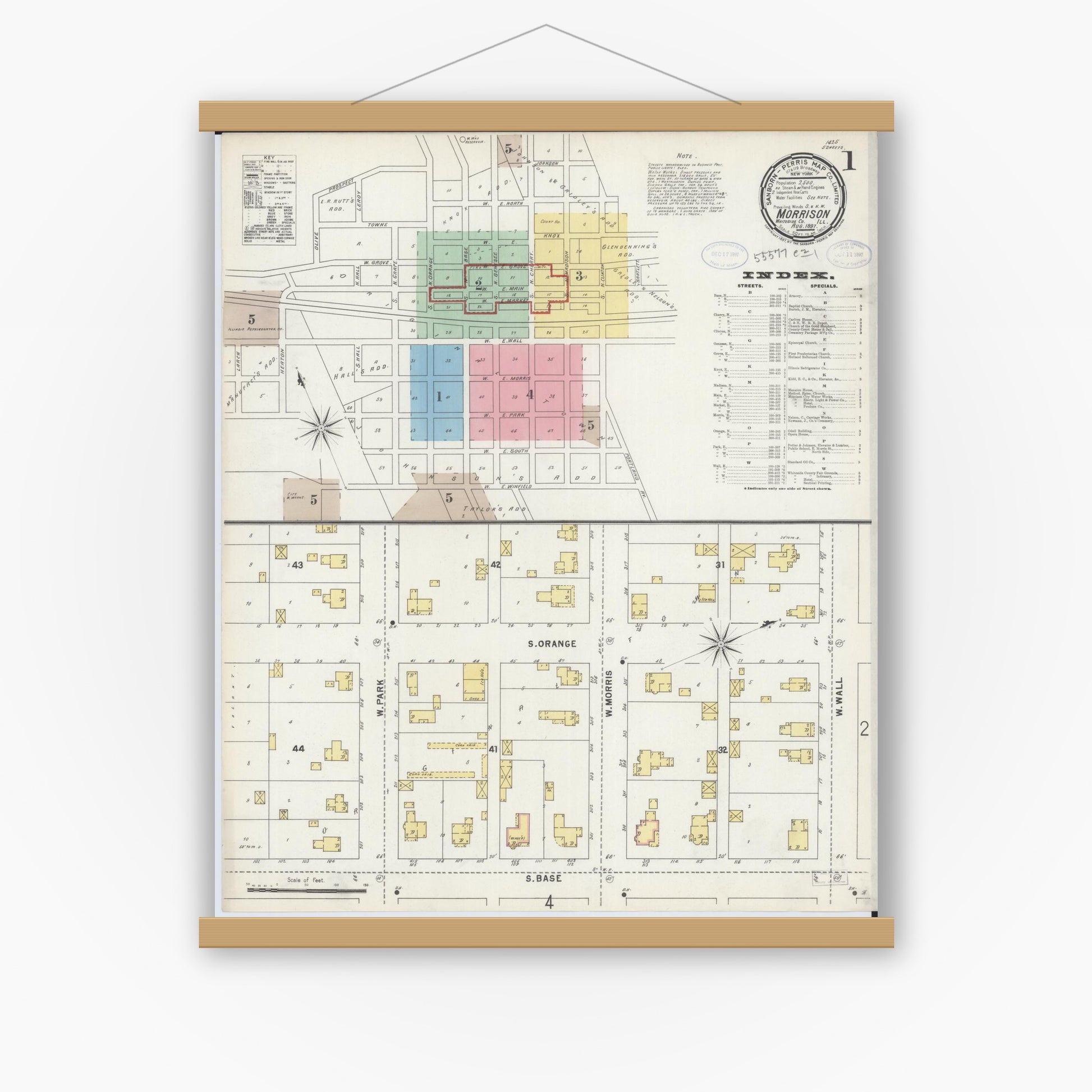 Old map wall art mockup — magnetic wood frame on white wall — Sanborn Fire Insurance Map from Morrison, Whiteside County, Illinois (1897) - Complete Map Set
