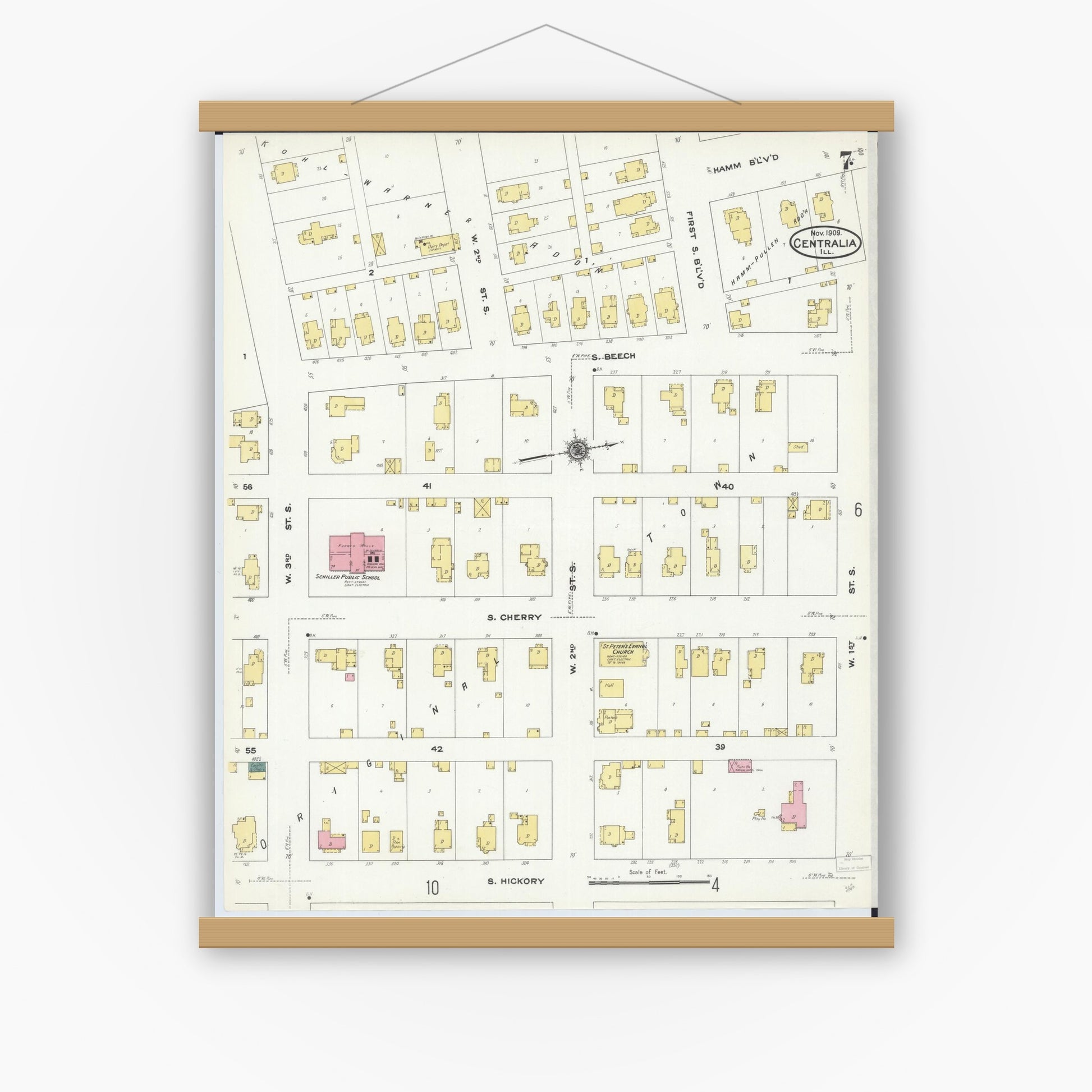 Old map wall art mockup — magnetic wood frame on white wall — Sanborn Fire Insurance Map from Centralia, Marion, Clinton, Jefferson, and Washington Counties, Illinois (1909), Sheet #0007