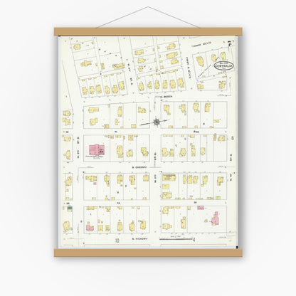 Old map wall art mockup — magnetic wood frame on white wall — Sanborn Fire Insurance Map from Centralia, Marion, Clinton, Jefferson, and Washington Counties, Illinois (1909), Sheet #0007